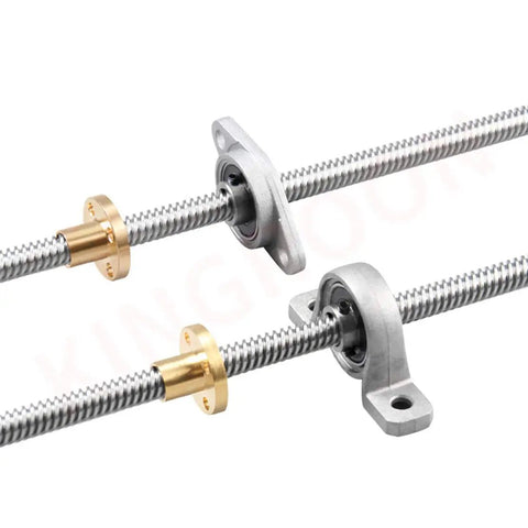 400mm 8mm T8 Lead Screw Kit with copper nut, pillow bearing block in silver, showcasing precise linear motion components.
