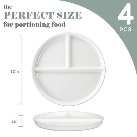 Top view of Ten Inch Ceramic Divided Plates Set Of Four With Three Compartments for portion control, shown with measurement.