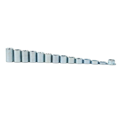 Industrial Steel Spacer Sleeve Bushings Kit, 13 Piece Set, Fits 12 Millimeter Classic Axle, One Half Inch Inner Diameter by Three Quarter Inch Outer Diameter, Silver Finish, Built Tough for Long Lasting Performance. Set of 13 steel sleeve bushings with M12 nut