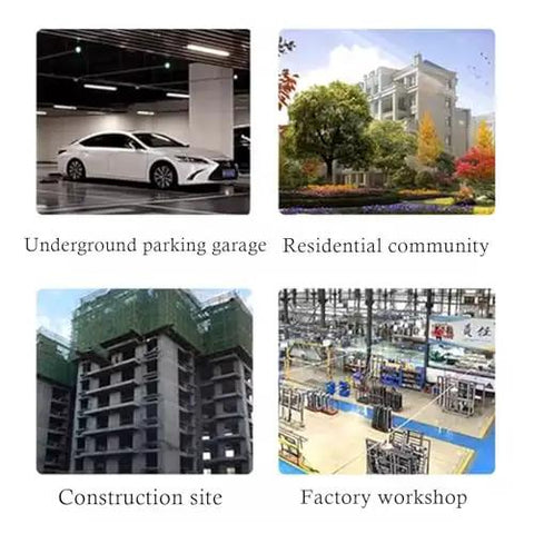 Collage showing underground parking garage, residential community, construction site, and factory workshop environments.