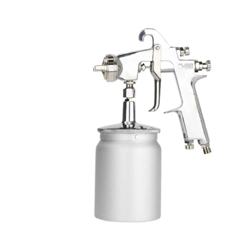 Dead Simple Pneumatic Paint Sprayer With Fully Adjustable Wide Fan Pattern Handheld Touch Up Spray Gun Delivering Knockout Auto And Effortless Weekend Painting Tasks W200 Model, chrome spray gun with white paint cup.