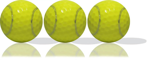Three yellow personalized tennis print golf balls, part of a 12 pack with your photo, logo or text custom imprinted.