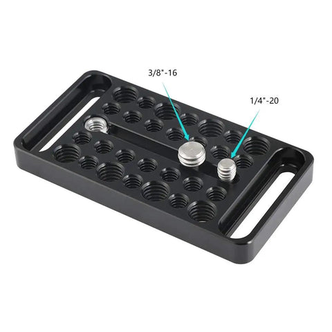 Universal Camera Cheese Plate Mounting Bracket With Quarter And Three Eighth Mounting Studs For Camera Cage detailed view showing threads and mounting holes.