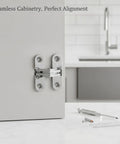 Close-up of adjustable concealed cross hinge for cabinet doors with zinc alloy invisible hardware and chrome finish, flush mount.