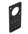 Black anodized aluminum NEMA 17 stepper motor mounting plate with central shaft hole and multiple mounting holes