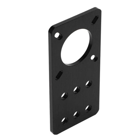 Black anodized aluminum NEMA 17 stepper motor mounting plate with central shaft hole and multiple mounting holes
