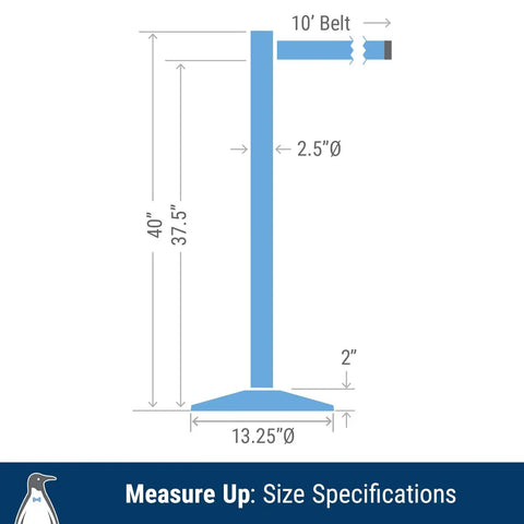 Diagram showing measurements of Pro Grade Stanchions 2-Pack With Retracta-Belt Prime 10 Foot Retractable Belt Barrier.