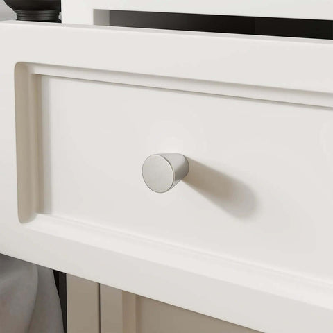 Killer Slick Brushed Nickel Cabinet Knobs and Dresser Knobs for Kitchen Bathroom Bedroom Drawer Hardware Replacement 15 Pack Real Smooth Metallic Finish No Fuss Setup on white drawer.