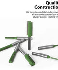 Tough As Nails Seven Piece Tungsten Carbide Router Bit Set With One Quarter Inch Shank showcasing various router bits for woodworking.