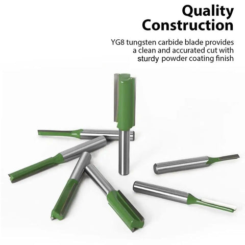 Tough As Nails Seven Piece Tungsten Carbide Router Bit Set With One Quarter Inch Shank showcasing various router bits for woodworking.