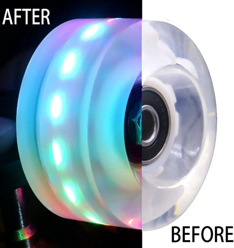 Lit Up Roller Skate Wheels 8 Pack With 78A Hardness And Pro Grade ABEC-9 Bearings LED Glow Wheels showing before and after lighting