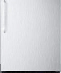 Undercounter Upright Freezer With Sleek Stainless Steel Finish ZeroFuss FrostFree Operation Smartly Engineered For 24 Inch Spaces BuiltIn Or Freestanding Setup Includes Digital Thermostat And Slick Towel Handle front view of freezer with stainless steel finish and digital display.