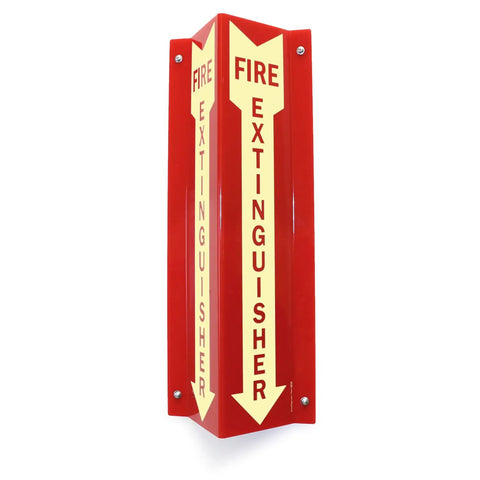 Fire Extinguisher Sign Two-Sided V-Shaped Projecting Wall Sign With Down Arrow 18x4 Inches 120 Mil Glow-In-The-Dark Acrylic