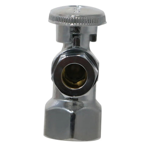 Front view of One Half Inch Female NPT to Three Eighths Inch OD Compression Angle Ball Valve, two-piece plumbing fitting in chrome.