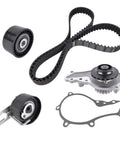 Premium Timing Belt And Water Pump Replacement Kit For Citroen C3 C4 Ford Focus Mondeo 1 6 Liter Diesel Engine TDCI HDI Type High Quality Heavy Duty Long Lasting Build Perfect For Mechanics Or Car Enthusiasts Who Need Quick And Easy Fixes Today. timing belt, water pump, tensioner and gasket set on white background