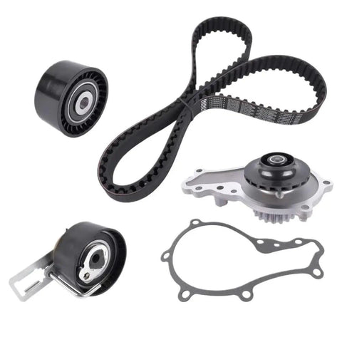 Premium Timing Belt And Water Pump Replacement Kit For Citroen C3 C4 Ford Focus Mondeo 1 6 Liter Diesel Engine TDCI HDI Type High Quality Heavy Duty Long Lasting Build Perfect For Mechanics Or Car Enthusiasts Who Need Quick And Easy Fixes Today. timing belt, water pump, tensioner and gasket set on white background