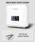 7500W Tankless Electric Water Heater With Remote Control and Digital Display showing temperature, indoor use