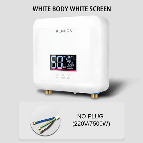 7500W Tankless Electric Water Heater With Remote Control and Digital Display showing temperature, indoor use