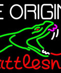 Rattlesnake LED Neon Sign With Dimmer For Indoor Use, Black Square Backing, multicolor snake design, text "The Original Rattlesnake".