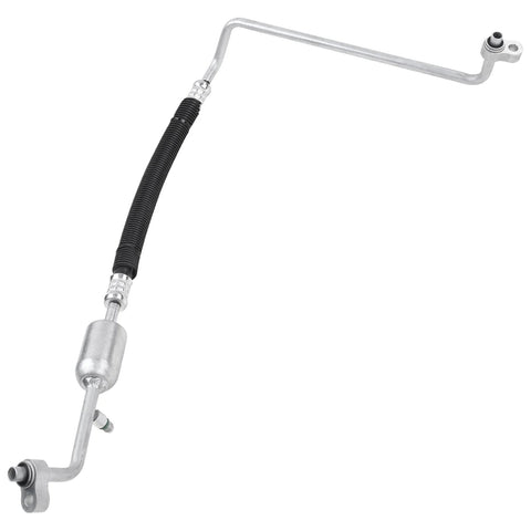 A/C discharge line hose assembly with silver metal tubing, black ribbed section, and metal end fittings