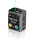 MCube Green Beam Laser Measuring Tool With 164 ft Range And High Visibility Real Green Beam For Indoor And Outdoor Jobs One Sixteenth Inch Accuracy LCD Display Bluetooth App Rechargeable Battery Compact Easy To Use, front view