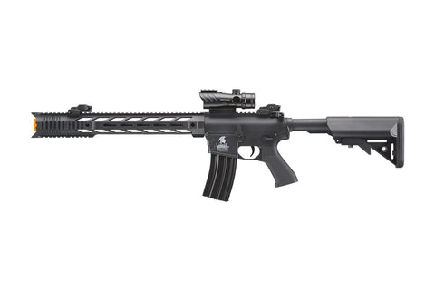 Gen 2 M4 SPR Interceptor Polymer Airsoft AEG With Enclosed Red Dot Sight And Top Optic Rail, side view of rifle