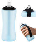 Collapsible Silicone Handheld Water Bottle With Ergonomic Strap 350ml Blue Hydration Flask for Running held in hand