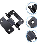 Close-up of black self closing cabinet hinges with smooth edges, ideal for kitchen, wardrobe, and bathroom use.