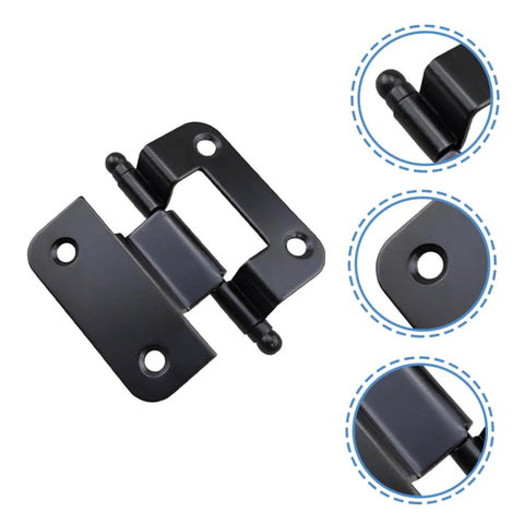 Close-up of black self closing cabinet hinges with smooth edges, ideal for kitchen, wardrobe, and bathroom use.