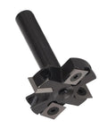 Beefy Slab Flattening Router Bit With One And Three Quarters Inch Diameter Heavy Duty Planer Bit Indexable Blade Vise And 4 Flute Blades Locking System For CNC Machines Woodworking Projects; shown in a close-up view, highlighting the 4-flute design and indexable carbide blades.