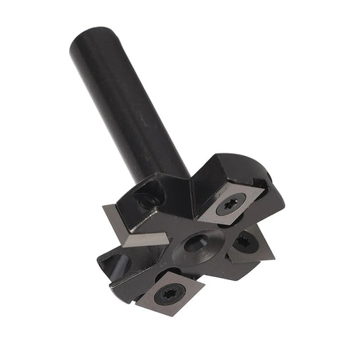 Beefy Slab Flattening Router Bit With One And Three Quarters Inch Diameter Heavy Duty Planer Bit Indexable Blade Vise And 4 Flute Blades Locking System For CNC Machines Woodworking Projects; shown in a close-up view, highlighting the 4-flute design and indexable carbide blades.