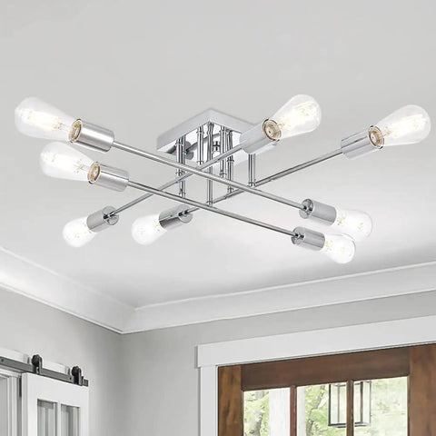 8 Light Modern Semi Flush Mount Ceiling Light Mid Century Sputnik Style Chrome Finish Sleek Versatile Fixture For Dining Room