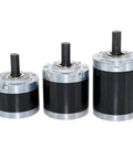 Three sizes of Beefy 42mm Planetary Gearbox Reducer For DC Motors 775 795 895 with high torque gear reduction system and 17.5mm output.