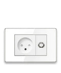 Israel Standard Wall Socket With Dual Usb A And Blazing Fast Usb C Charging, Sure Click Toggle Switch, Rj45 Ethernet Plus Tv Coax Jacks, Slick Acrylic Panel Electrical Outlet, white acrylic panel with power socket and coax jack