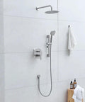 Shower Faucet System, 10-Inch Round Head, 5-Spray Handheld, Brushed Nickel mounted on bathroom wall with accessories.