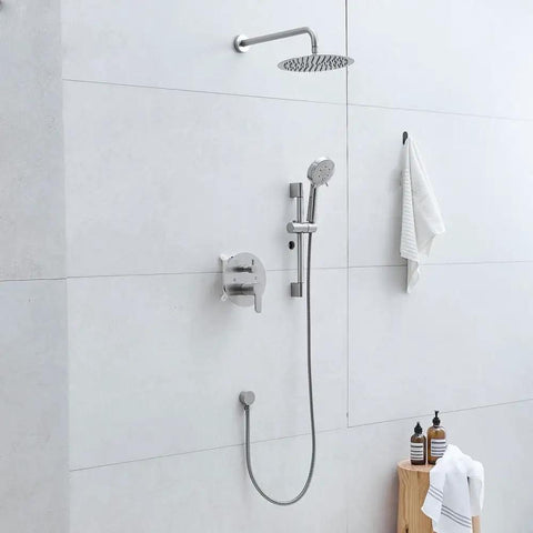 Shower Faucet System, 10-Inch Round Head, 5-Spray Handheld, Brushed Nickel mounted on bathroom wall with accessories.