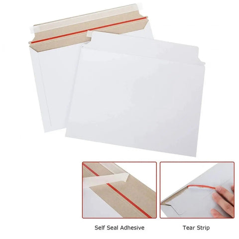 Rigid Mailers For Shipping Photos Keep It Flat With Peel And Seal Closure 323mm By 229mm White 25 Pack showing adhesive strip
