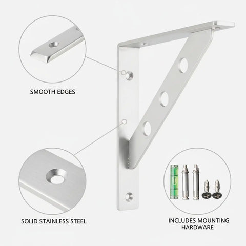 Stainless Steel Triangular Shelf Brackets For Wall Mounts Beefy Heavy Duty with smooth edges and mounting hardware