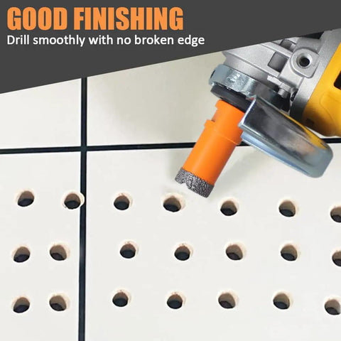 Close-up of orange diamond core drill bit creating clean holes in tile, part of Ultimate Diamond Core Drill Bit Kit Pro Grade