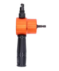 360 Degree Double Head Sheet Metal Cutter Nibbler Drill Attachment For Thin Steel Cutting HVAC Auto Roof Repair showing orange and black drill with side view.