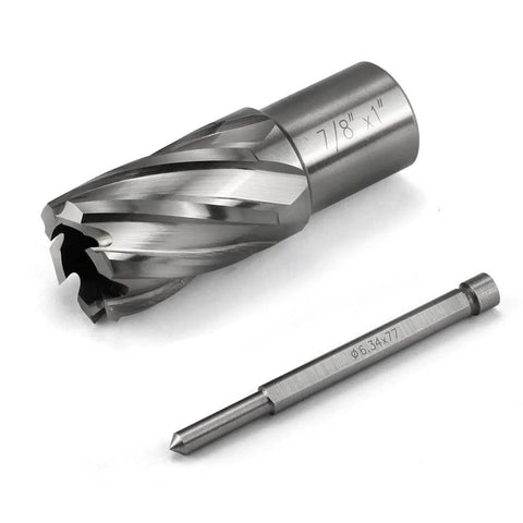 Two-piece annular cutter set: 7/8 in dia cutter and 3/4 Weldon shank with pilot pin, HSS for magnetic drill press