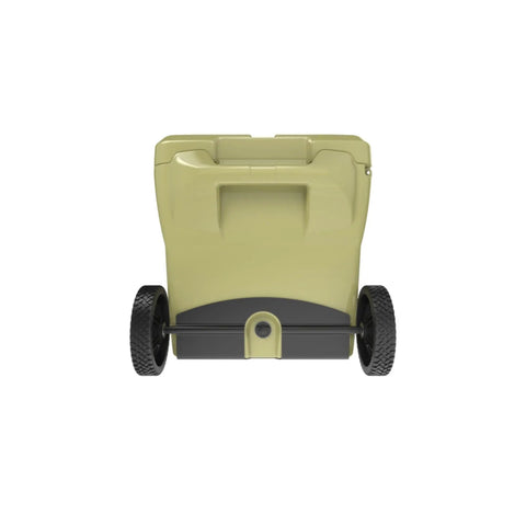 Back view of 111-Quart Desert Tan Tough Cooler With Heavy Duty Wheel Kit Rotomolded Ice Chest For Hunting Fishing And Camping With Elite Thermal Retention Made In USA