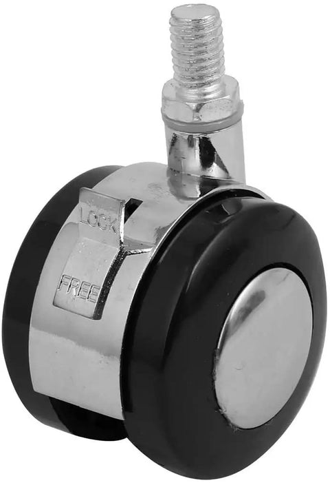 Pro Grade 2 Inch Twin Wheel Casters With Secure M10 Threaded Stem And Dependable Parking Brake Smooth Rollin Replacement Hardware For Heavy Duty Shop Carts 4 Pack, chrome and black caster wheel.