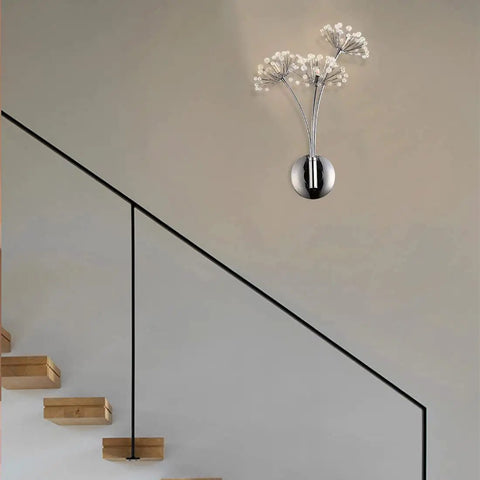 Crystal Glass 3 Light Dandelion Wall Sconce In Brushed Nickel Stainless Steel Mount For Bedroom Living Room Hallway Modern Starburst Firework Design LED Compatible Bulbs Lux Ambiance Easy Install, mounted on wall by staircase.