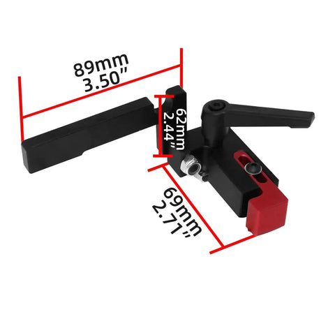 Solid Aluminum Miter Track Stop For Workbenches Featuring A Swift T Slot Flip Lever And A Slick Sliding Fence Limiter, dimensions shown.