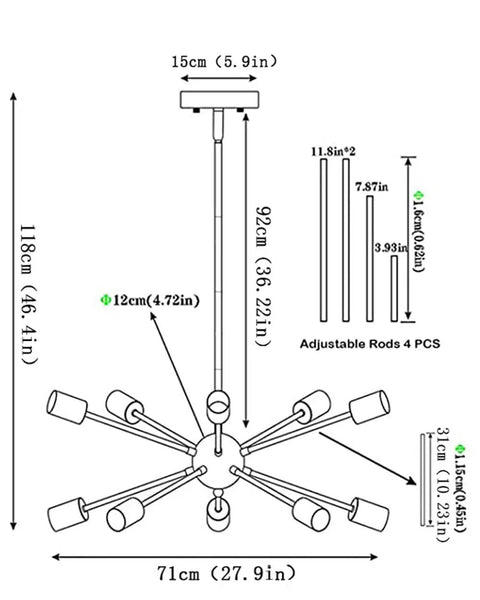 Diagram of Sputnik Chandelier Light Fixture With Chrome Finish Dope Modern Mid Century Ceiling Lamp dimensions and adjustable rods.