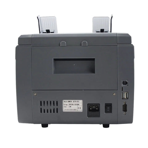 Heavy Duty Money Counter Machine With Slick Touchscreen Display And Built In Printer, rear view showing ports and printer slots.