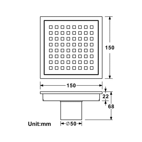 Hella Durable 6 Inch Square Shower Floor Drain, 304 Stainless Steel Hair Catcher With Removable Grate dimensions illustration
