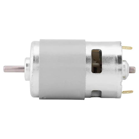 Side view of 775 Brushless DC Motor 12V 150W High Speed 13000 To 15000 RPM with metal gear drive and copper windings.