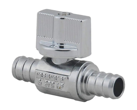 One Quarter Turn Straight Stop Valve One Half Inch PEX To One Half Inch PEX Lead Free Brass Chrome Plated For Faucet Or Toilet Install Crimp To Seal Or Use PEX Ring No Soldering Required Pack Of Twenty